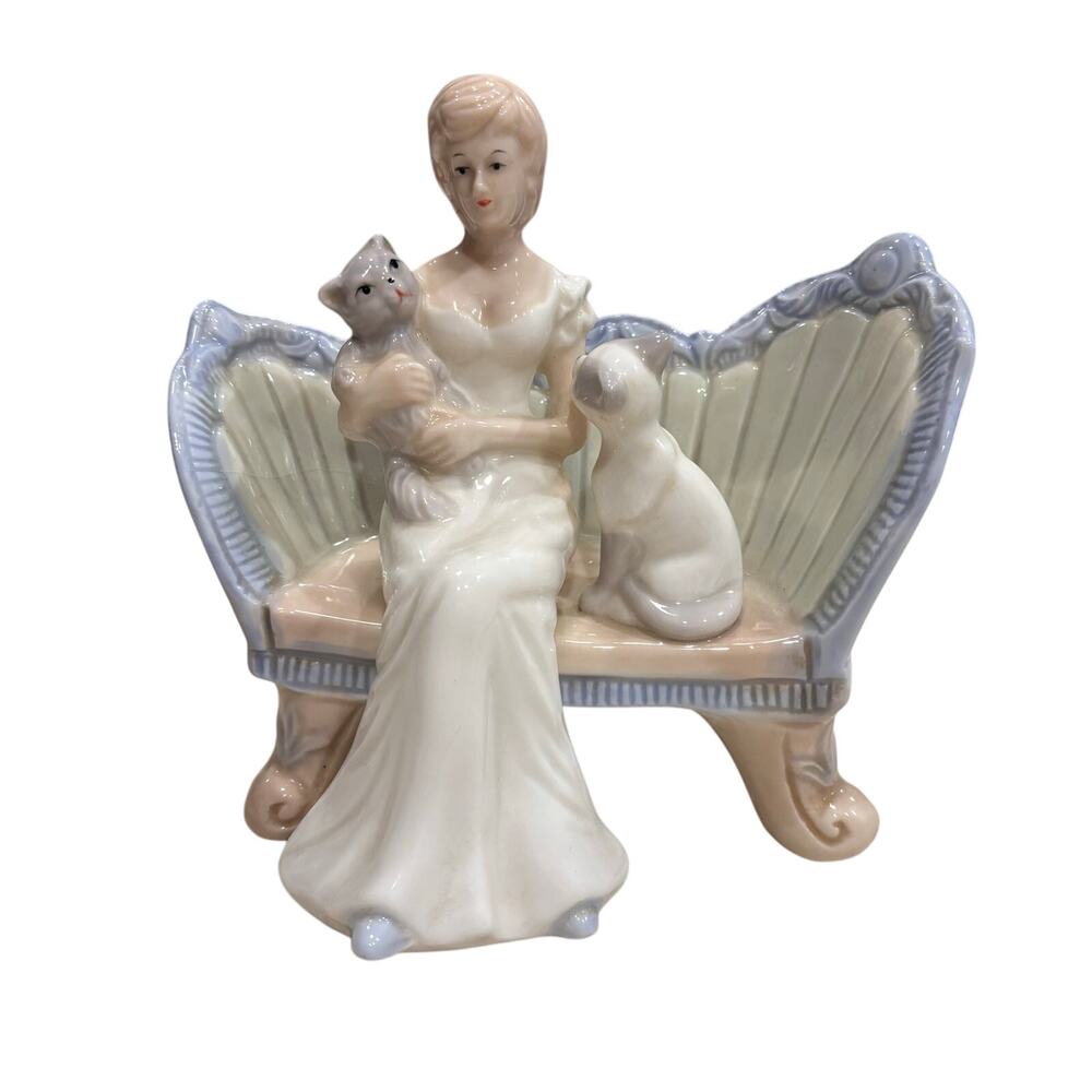 Vintage Lady On Bench Sitting With Cats Porcelain Statuette Figurine Collectible